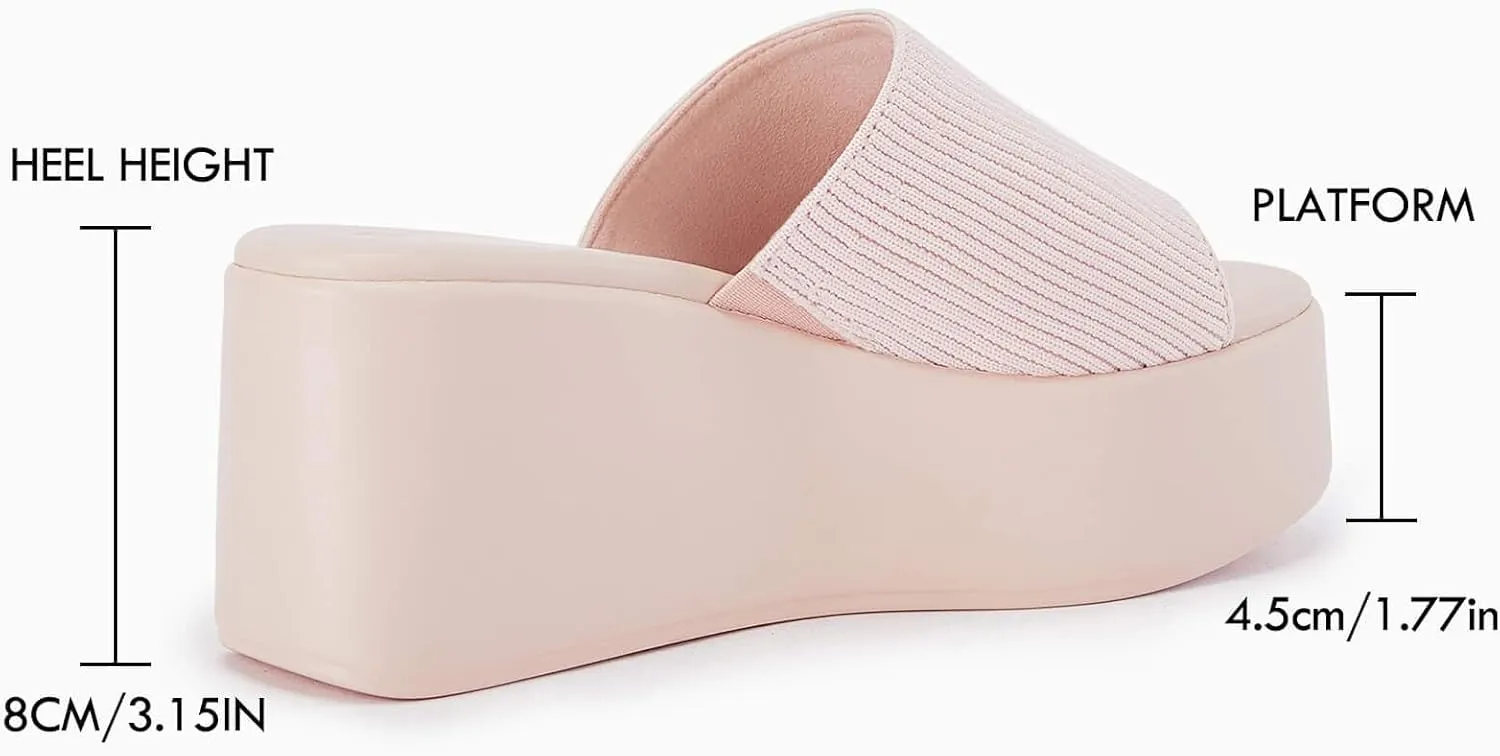 Coutgo Womens Platform Slides Sandals Square Open Toe Slip On Elastic Band Casual Lightweight Wedge Shoes