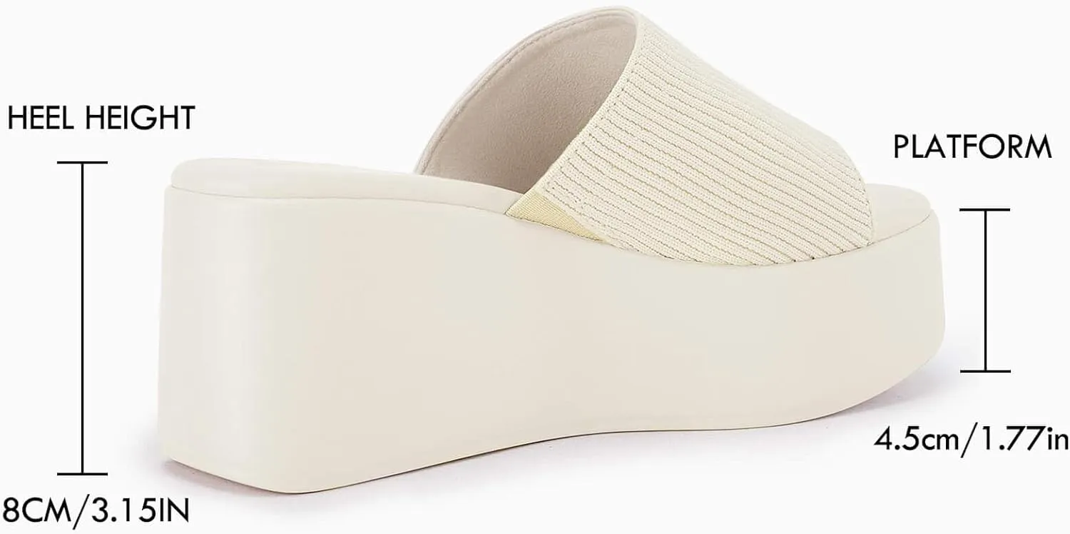Coutgo Womens Platform Slides Sandals Square Open Toe Slip On Elastic Band Casual Lightweight Wedge Shoes