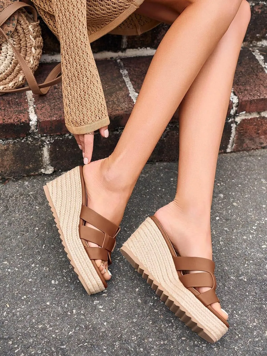 Coutgo Women's Wedge Sandals Platform Espadrille Heels Open Toe Strappy Slip On Casual Summer Slide Shoes