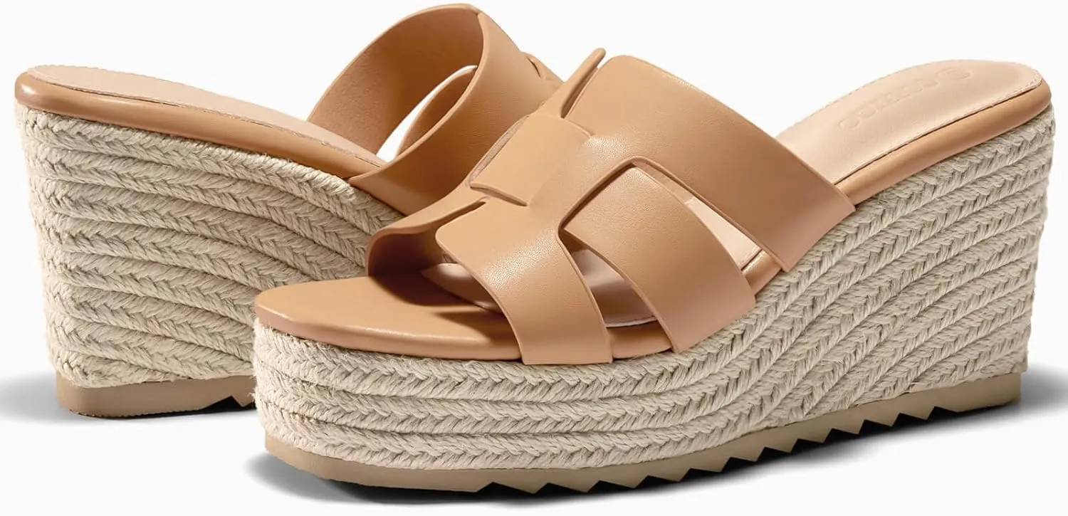 Coutgo Women's Wedge Sandals Platform Espadrille Heels Open Toe Strappy Slip On Casual Summer Slide Shoes
