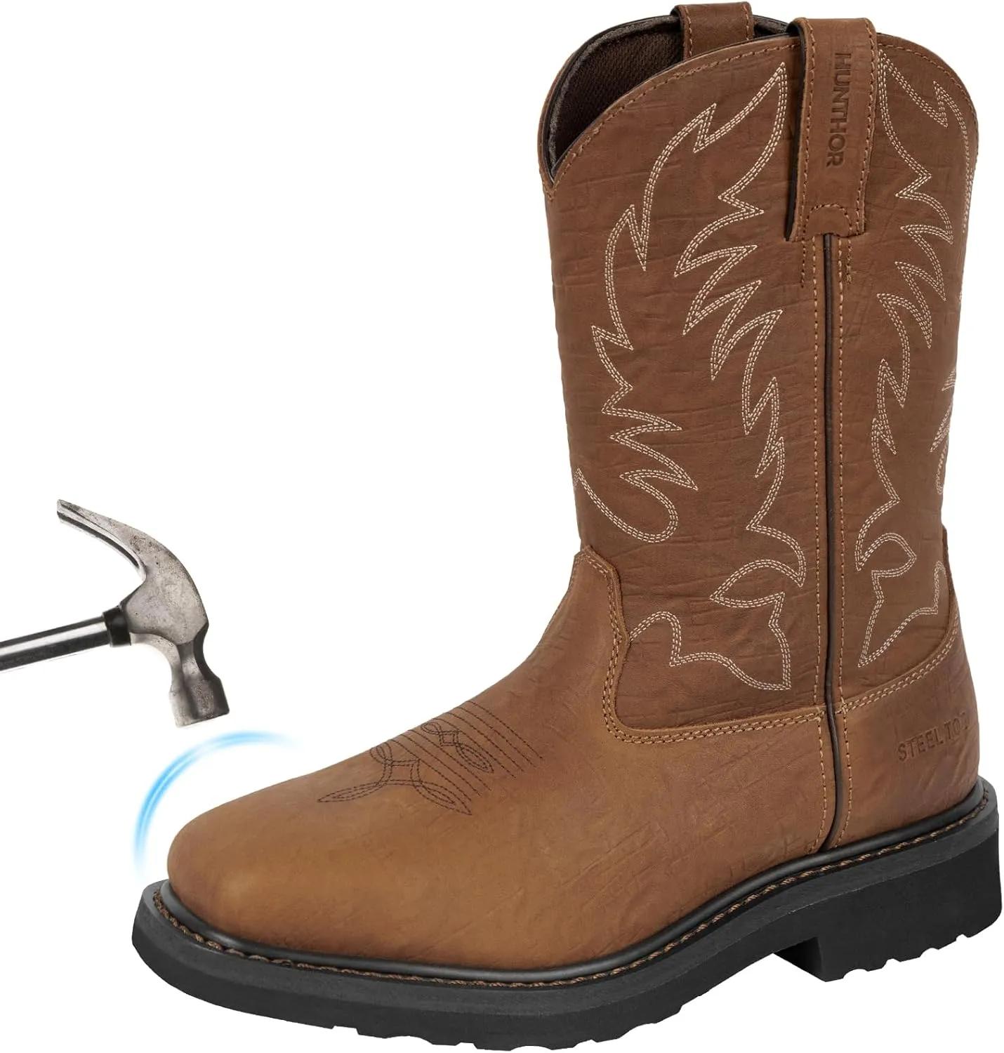 Cowboy Boots for Men with Steel Toe & Shank, Leather Anti Slip Square Toe Work Boots Western Men's Brown Boots for Manufacturing, Construction, Farming, Size 7-14