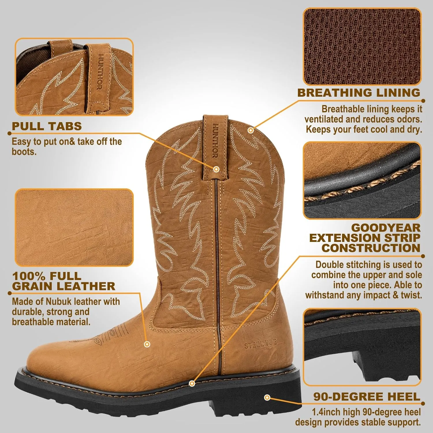 Cowboy Boots for Men with Steel Toe & Shank, Leather Anti Slip Square Toe Work Boots Western Men's Brown Boots for Manufacturing, Construction, Farming, Size 7-14