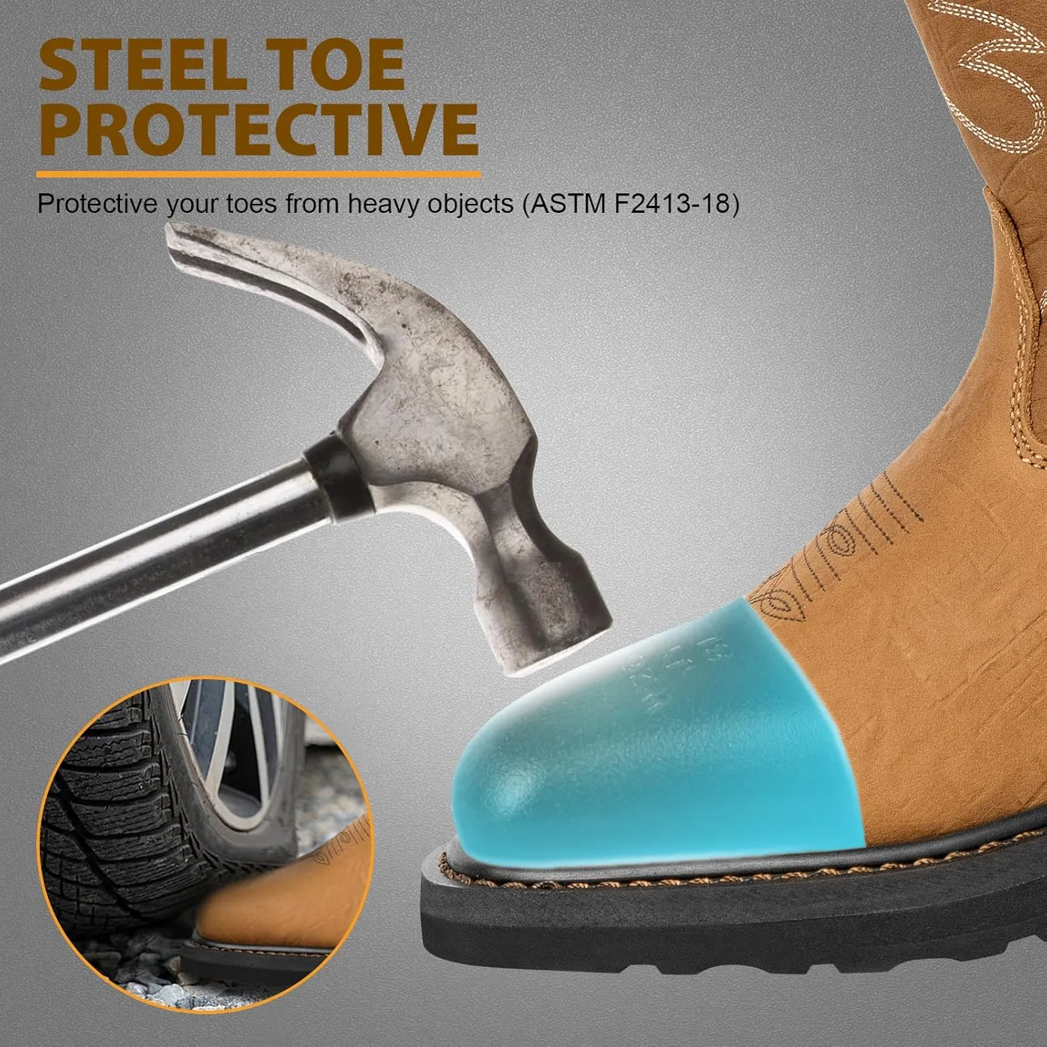 Cowboy Boots for Men with Steel Toe & Shank, Leather Anti Slip Square Toe Work Boots Western Men's Brown Boots for Manufacturing, Construction, Farming, Size 7-14