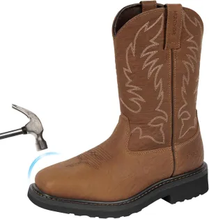 Cowboy Boots for Men with Steel Toe & Shank, Leather Anti Slip Square Toe Work Boots Western Men's Brown Boots for Manufacturing, Construction, Farming, Size 7-14
