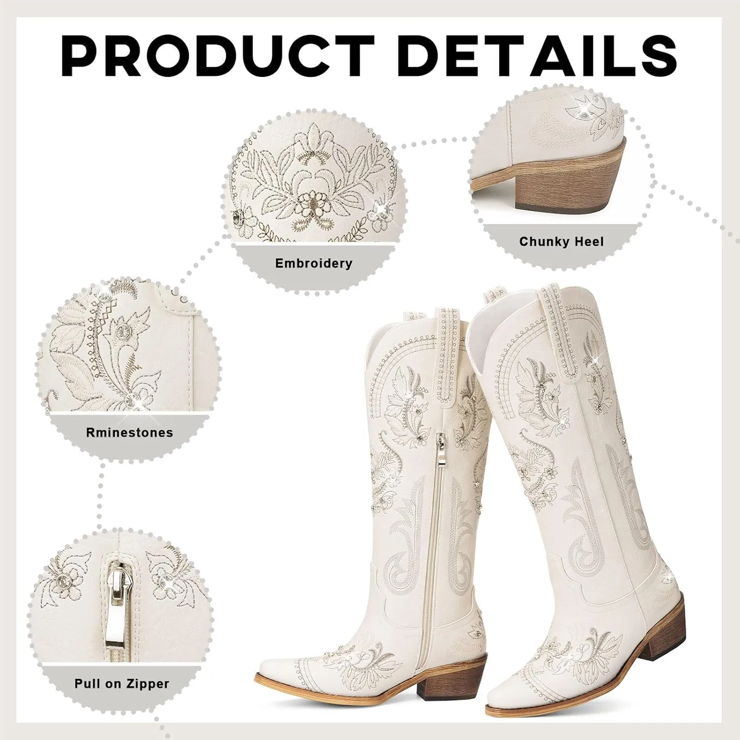 Cowboy Boots for Women - Wide Calf Knee High Cowgirl Boots, Glitter Sparkly Rhinestone Western Country Boots with Classic Embroidery, Pointed Toe Pull On Zipper Retro Boots