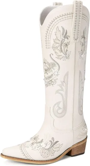 Cowboy Boots for Women - Wide Calf Knee High Cowgirl Boots, Glitter Sparkly Rhinestone Western Country Boots with Classic Embroidery, Pointed Toe Pull On Zipper Retro Boots