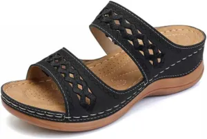 Crepuscute Women's Embroidered Wedge Perfectchose Arch Support Sandals,Slip On Opentoe Casual Comfortable Orthopedic Slippers Non-Slip Breathable Outdoor Walking Sandles