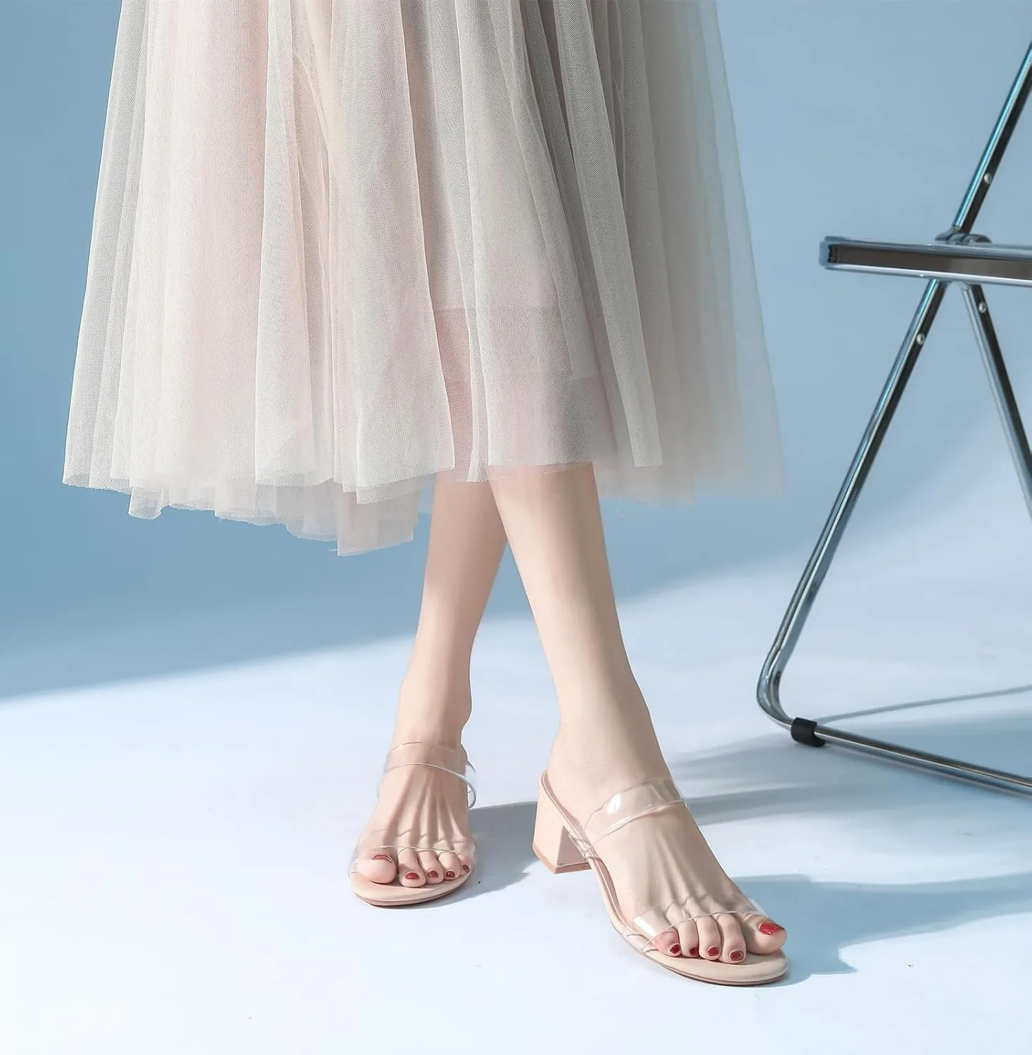 DADAWEN Women's Two Strap Open Toe Slip On Low Chunky Heels Sandals Block Heels Mule Sandals Party Dating Wedding Dress Pumps Shoes