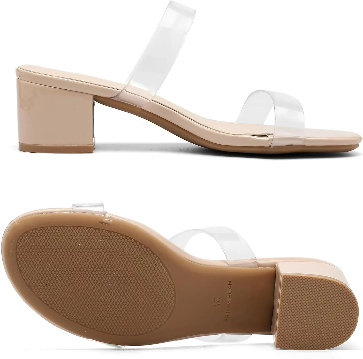DADAWEN Women's Two Strap Open Toe Slip On Low Chunky Heels Sandals Block Heels Mule Sandals Party Dating Wedding Dress Pumps Shoes