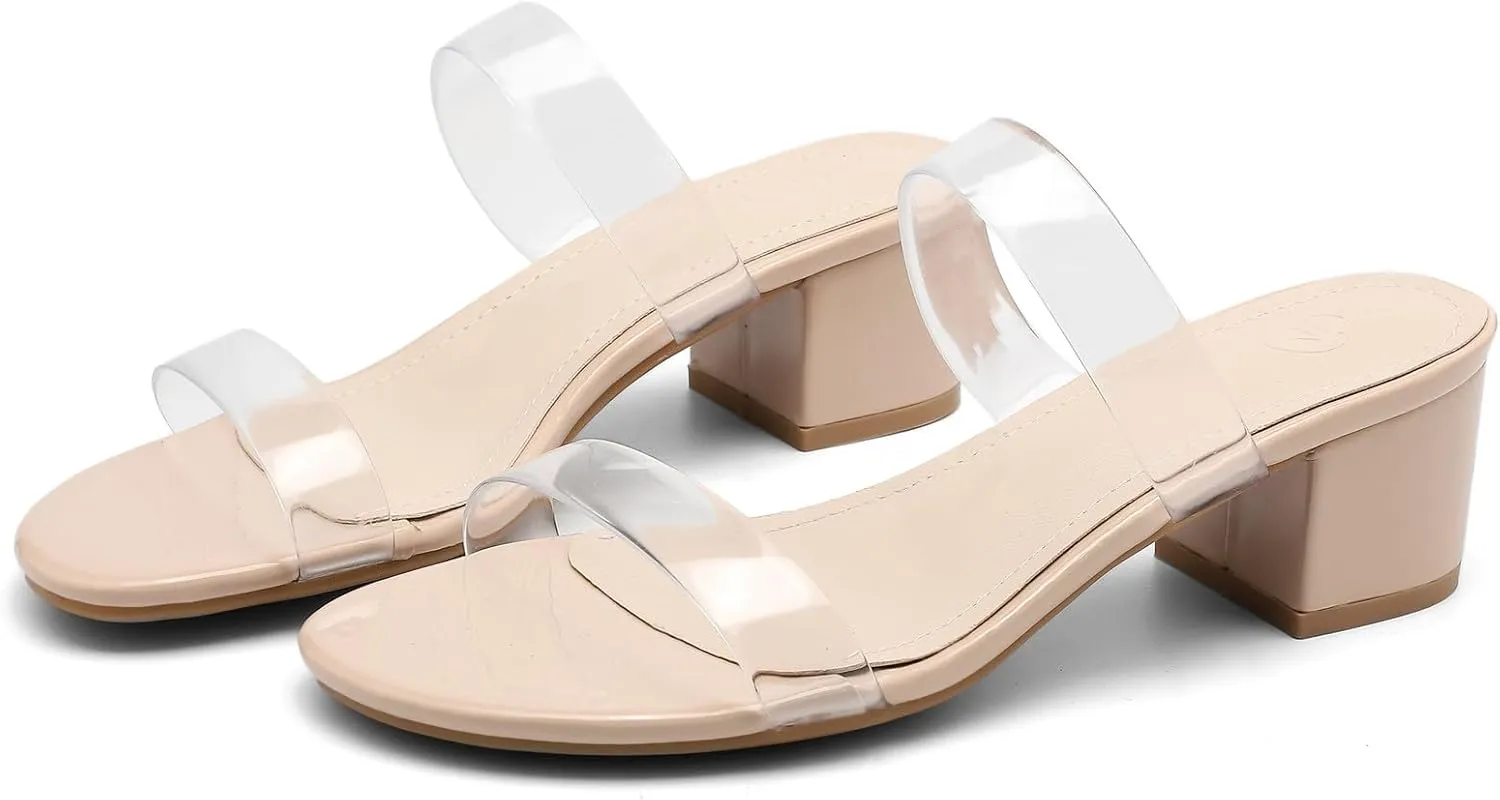 DADAWEN Women's Two Strap Open Toe Slip On Low Chunky Heels Sandals Block Heels Mule Sandals Party Dating Wedding Dress Pumps Shoes