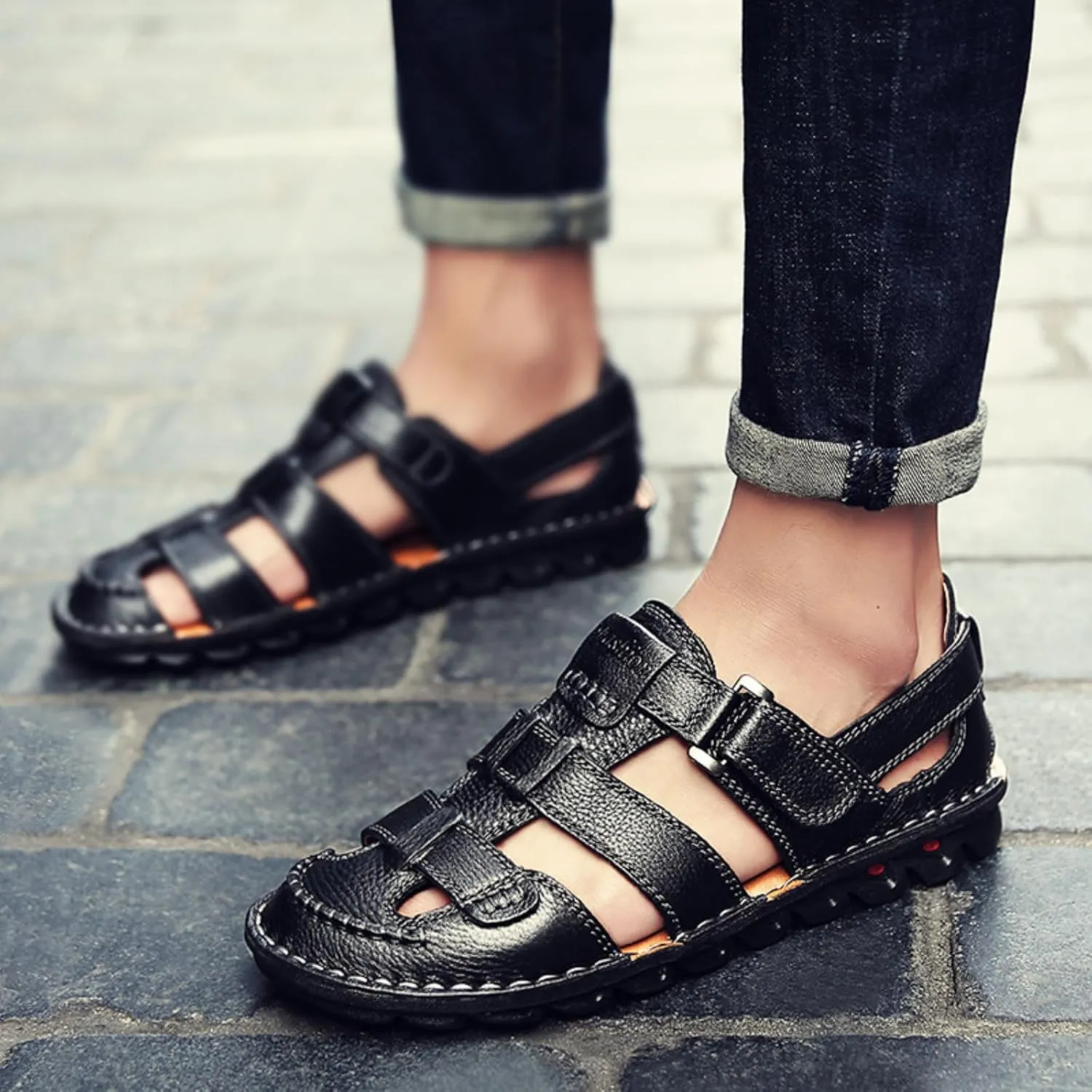 Driving Shoes Leather Sandals for Men Closed Toe Handmade Hiking Sandals for Men Breathable Mens Leather Sandals Pu