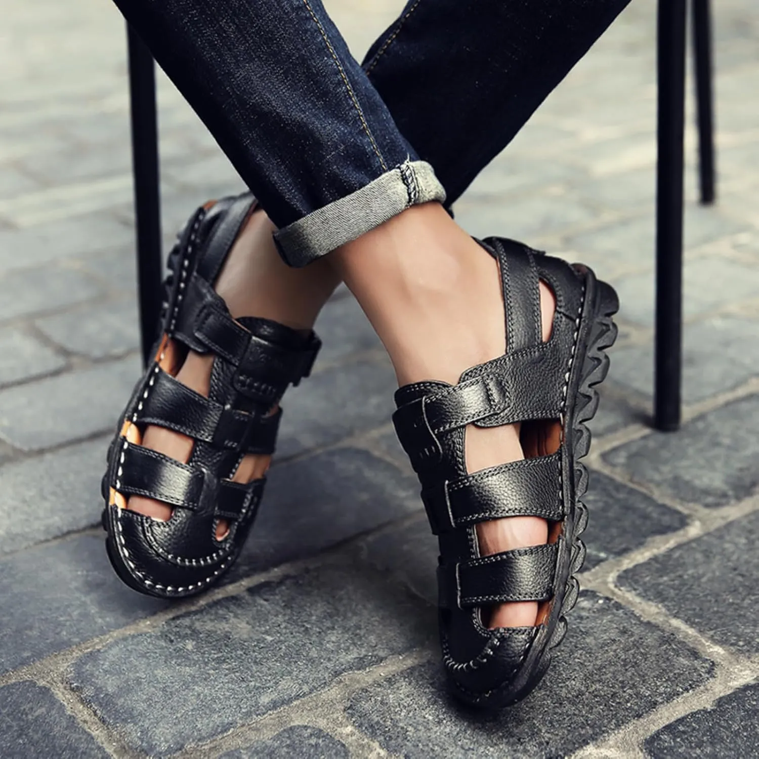 Driving Shoes Leather Sandals for Men Closed Toe Handmade Hiking Sandals for Men Breathable Mens Leather Sandals Pu