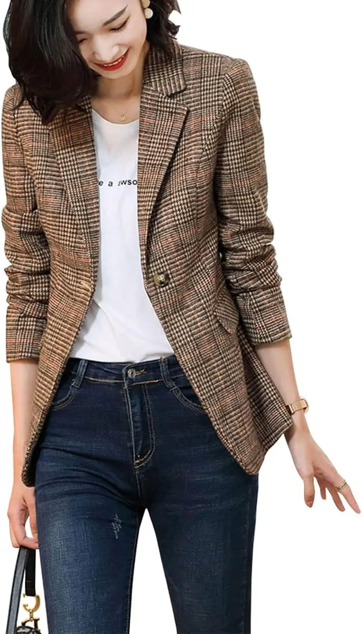 ebossy Women's Notch Lapel 2 Button Boyfriend Blazer Suit Houndstooth Plaid Jacket Coat