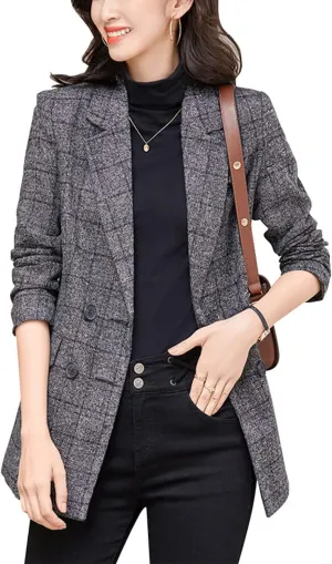 ebossy Women's Notch Lapel 2 Button Boyfriend Blazer Suit Houndstooth Plaid Jacket Coat