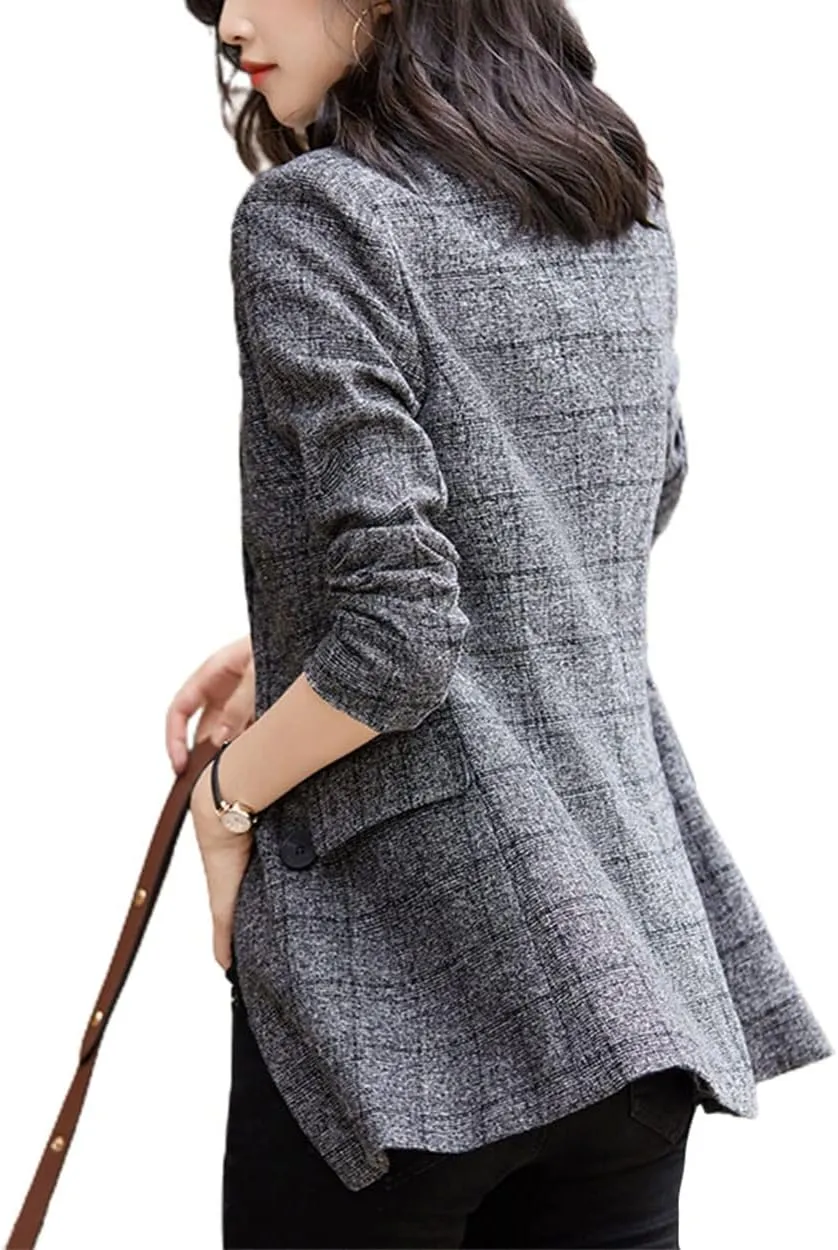 ebossy Women's Notch Lapel 2 Button Boyfriend Blazer Suit Houndstooth Plaid Jacket Coat