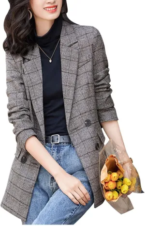 ebossy Women's Notch Lapel 2 Button Boyfriend Blazer Suit Houndstooth Plaid Jacket Coat