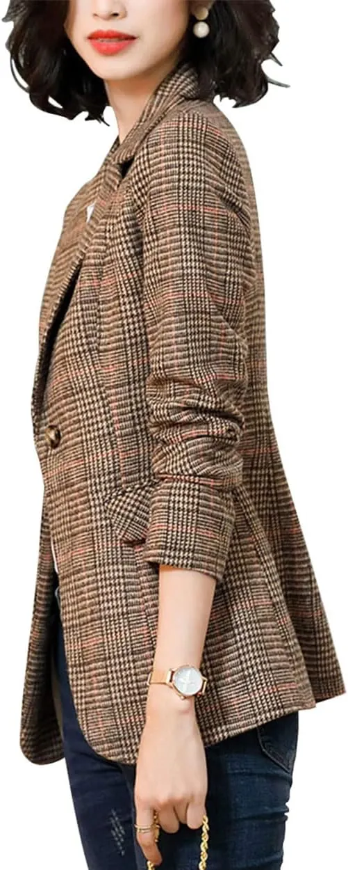 ebossy Women's Notch Lapel 2 Button Boyfriend Blazer Suit Houndstooth Plaid Jacket Coat