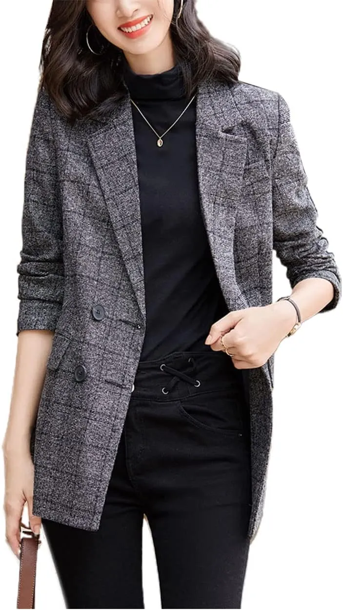 ebossy Women's Notch Lapel 2 Button Boyfriend Blazer Suit Houndstooth Plaid Jacket Coat