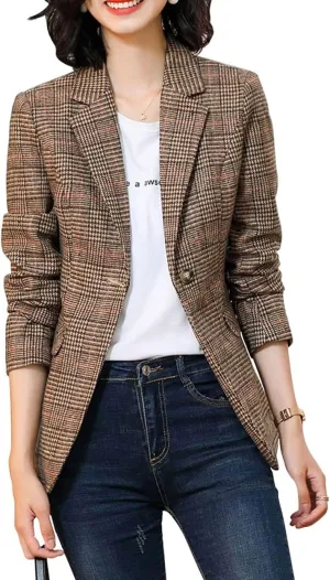 ebossy Women's Notch Lapel 2 Button Boyfriend Blazer Suit Houndstooth Plaid Jacket Coat