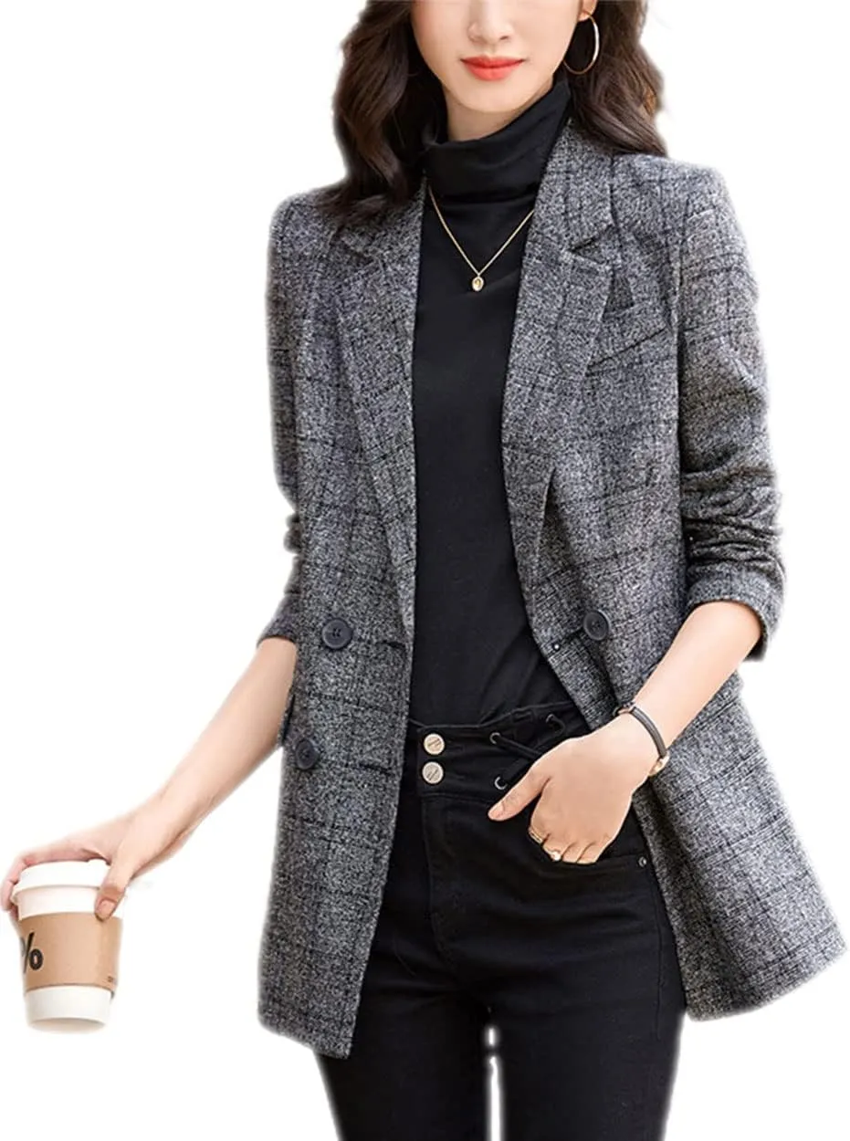 ebossy Women's Notch Lapel 2 Button Boyfriend Blazer Suit Houndstooth Plaid Jacket Coat