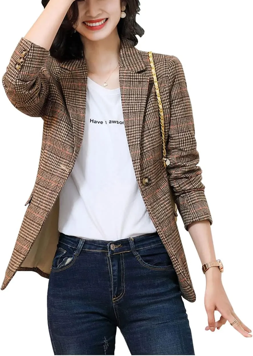 ebossy Women's Notch Lapel 2 Button Boyfriend Blazer Suit Houndstooth Plaid Jacket Coat