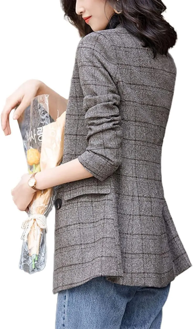 ebossy Women's Notch Lapel 2 Button Boyfriend Blazer Suit Houndstooth Plaid Jacket Coat