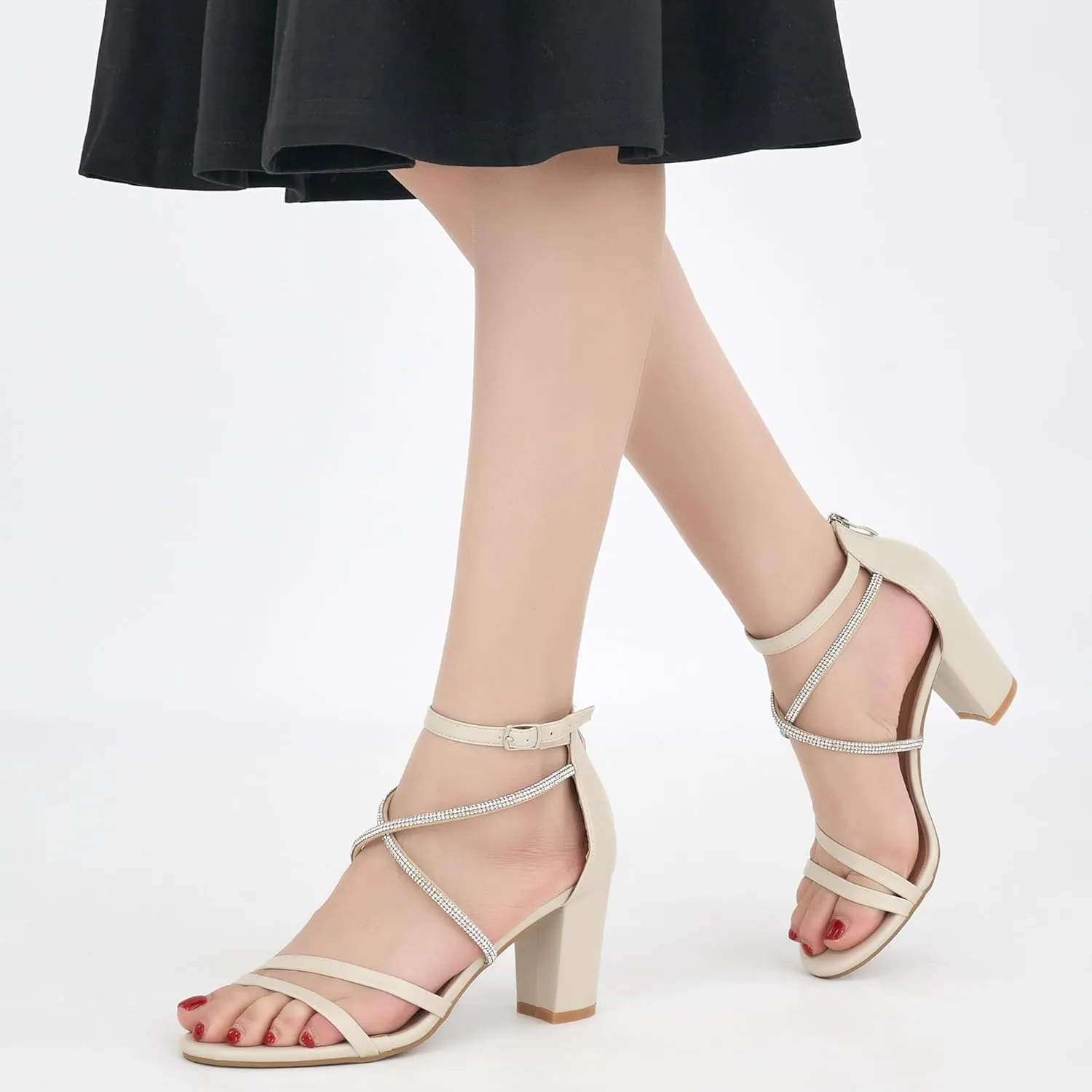 Ecetana Heels for Women Open Toe Ankle Strap Buckle Rhinestone Sandals Block Chunky Sexy Shoes for Party Wedding
