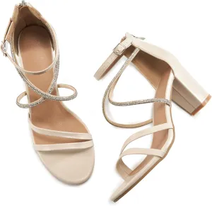 Ecetana Heels for Women Open Toe Ankle Strap Buckle Rhinestone Sandals Block Chunky Sexy Shoes for Party Wedding