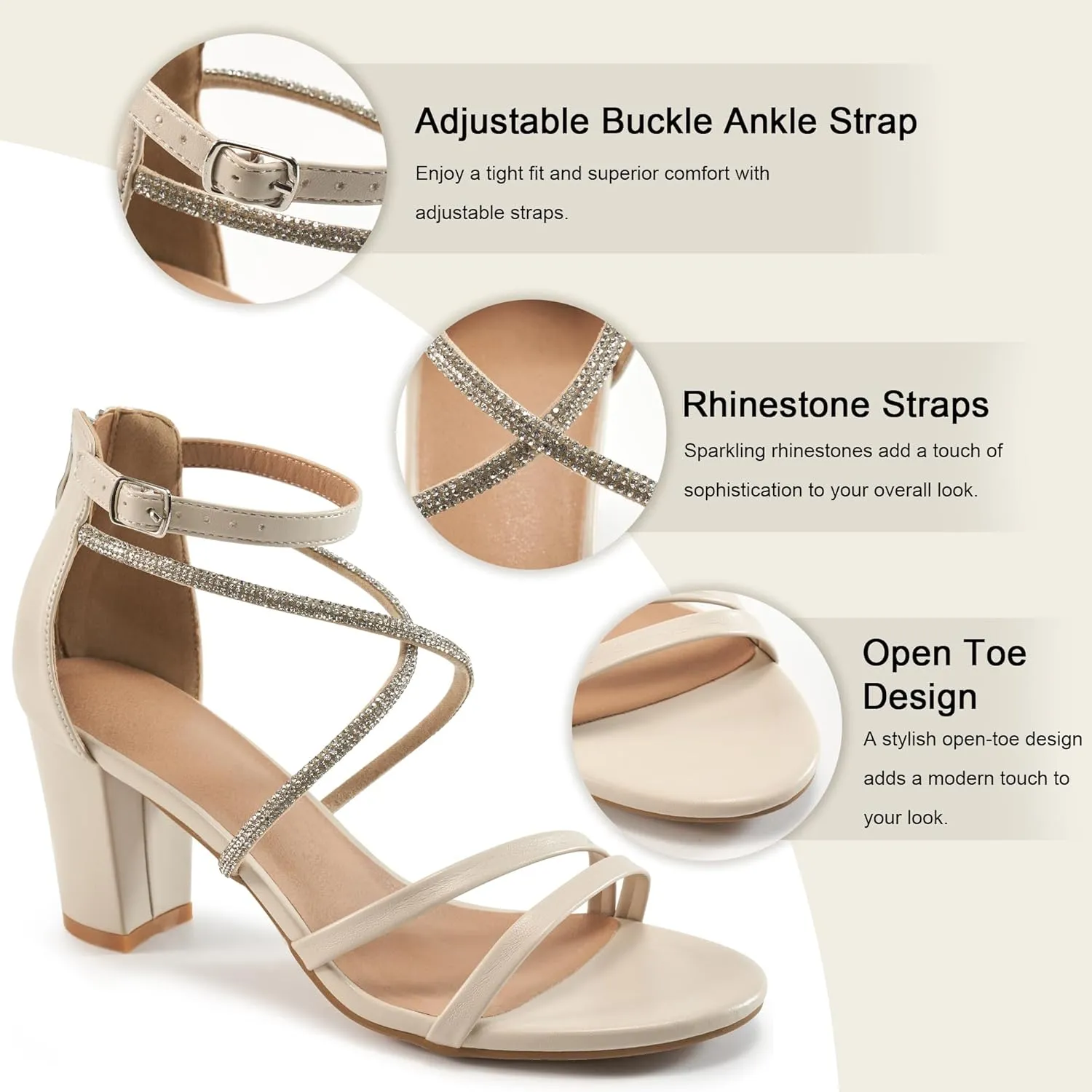 Ecetana Heels for Women Open Toe Ankle Strap Buckle Rhinestone Sandals Block Chunky Sexy Shoes for Party Wedding