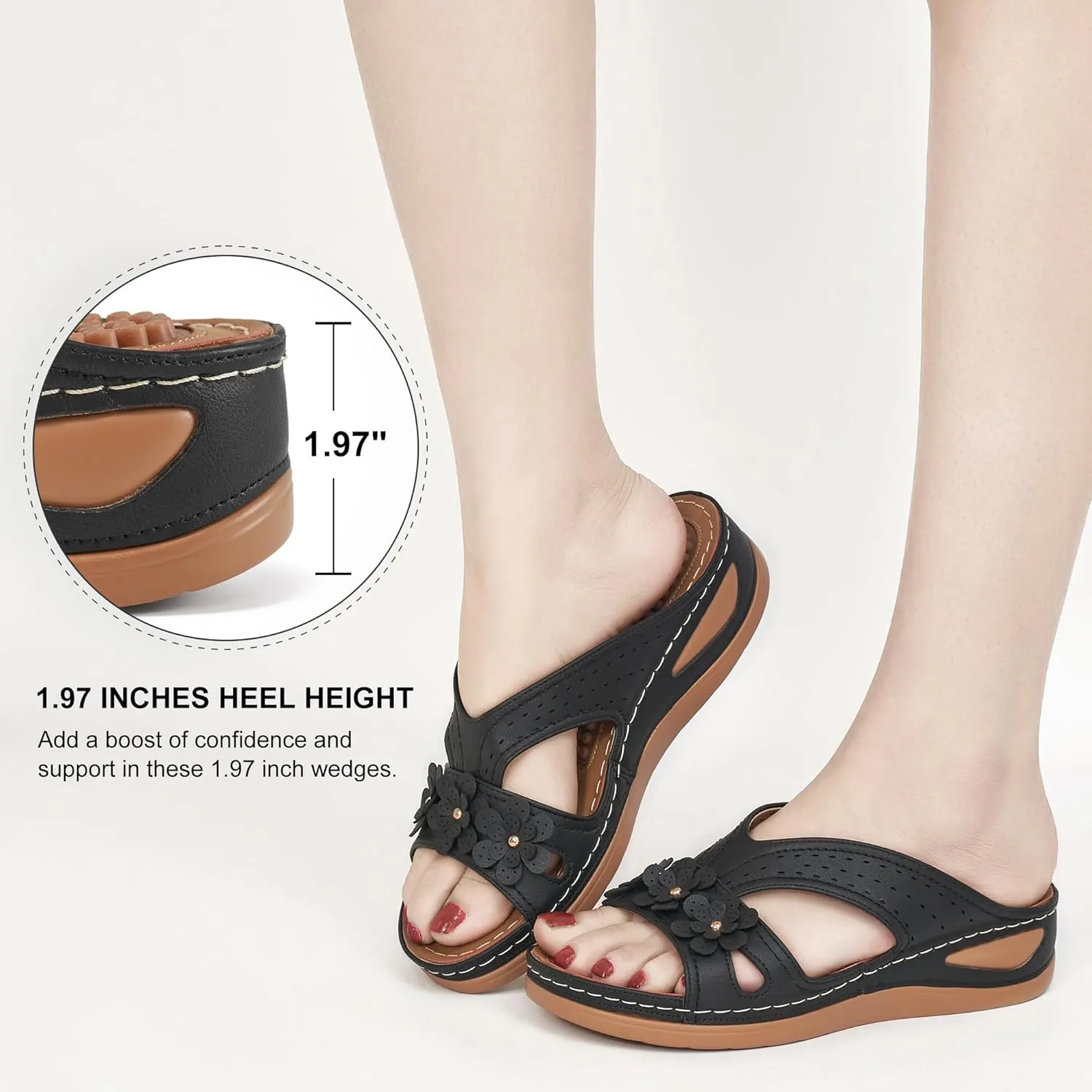 Ecetana Womens Sandals Dressy Summer Comfortable Slides with Flowers Casual Non Slip Platform Lightweight Wedge Shoes