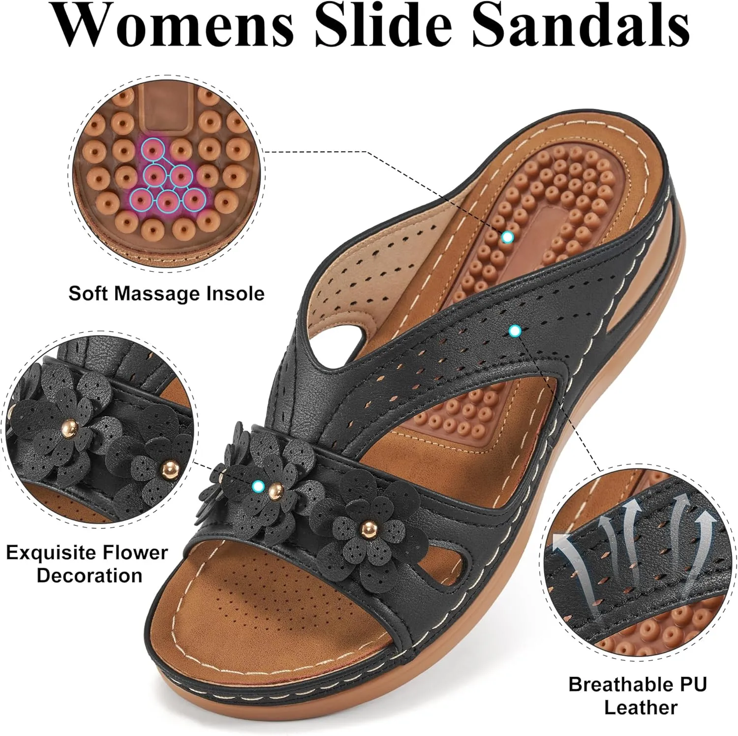Ecetana Womens Sandals Dressy Summer Comfortable Slides with Flowers Casual Non Slip Platform Lightweight Wedge Shoes