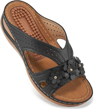 Ecetana Womens Sandals Dressy Summer Comfortable Slides with Flowers Casual Non Slip Platform Lightweight Wedge Shoes