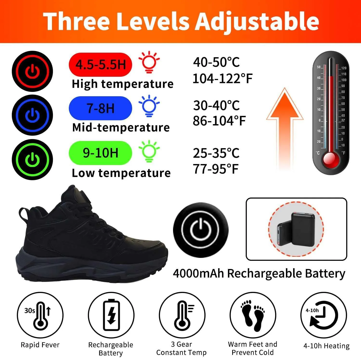 Electric Foot Warmer Rechargeable Snow Boots for Women Men - Heated Sneakers Fast Heating, Lightweight & Waterproof Outdoor Comfort