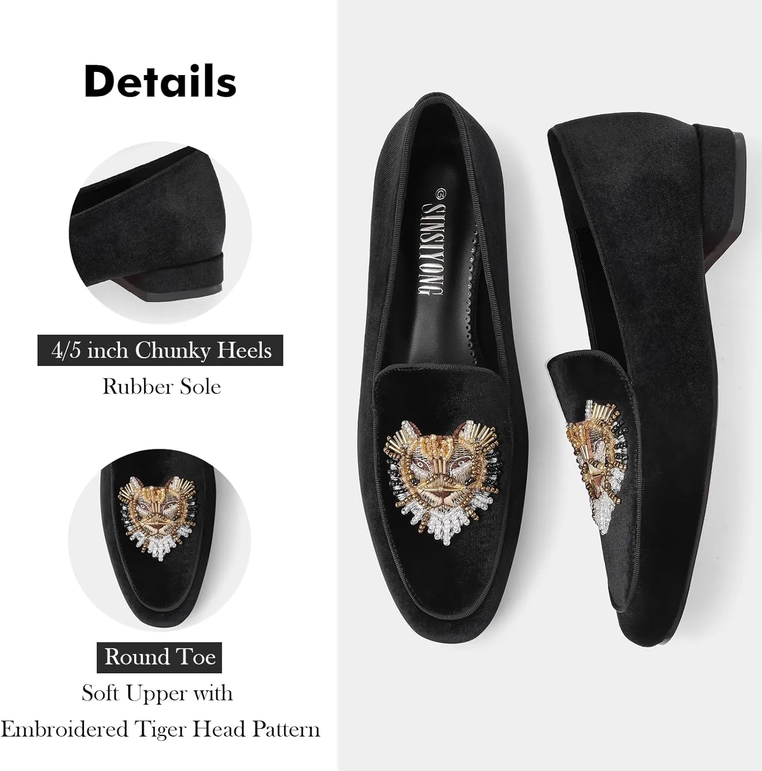 Embroidered Loafers for Women Round Toe Velvet Flats with Tiger Head Pattern