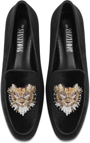 Embroidered Loafers for Women Round Toe Velvet Flats with Tiger Head Pattern