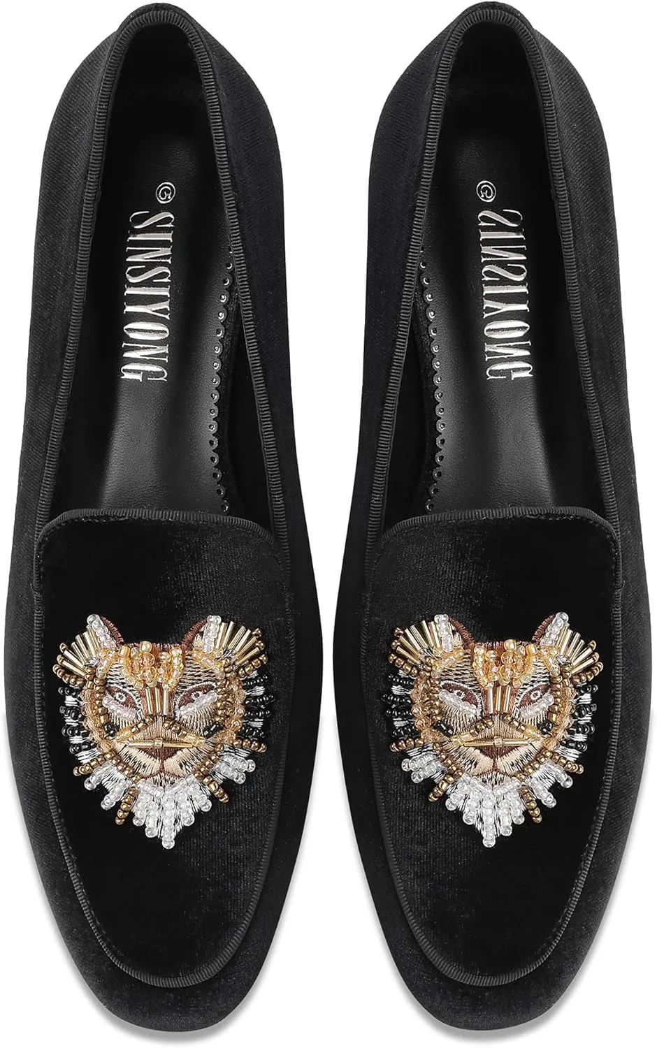 Embroidered Loafers for Women Round Toe Velvet Flats with Tiger Head Pattern