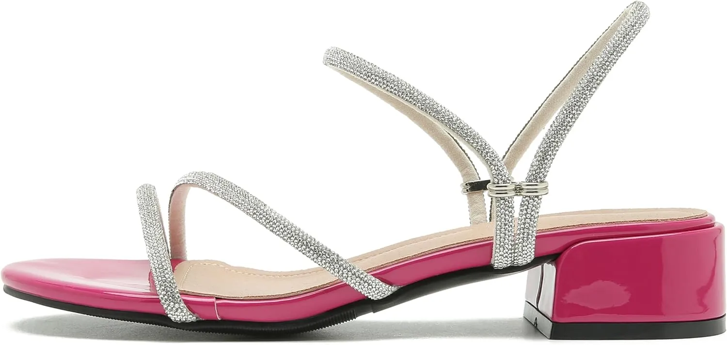 Enelauge Women's Rhinestone Strappy Open Toe Low Block Chunky Heels Sandals Backless Summer Holiday Party Wedding Dress Shoes