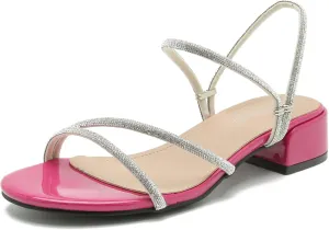 Enelauge Women's Rhinestone Strappy Open Toe Low Block Chunky Heels Sandals Backless Summer Holiday Party Wedding Dress Shoes