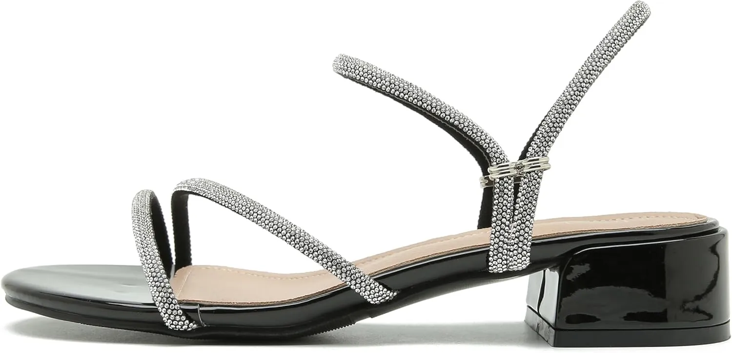 Enelauge Women's Rhinestone Strappy Open Toe Low Block Chunky Heels Sandals Backless Summer Holiday Party Wedding Dress Shoes
