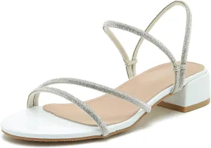 Enelauge Women's Rhinestone Strappy Open Toe Low Block Chunky Heels Sandals Backless Summer Holiday Party Wedding Dress Shoes