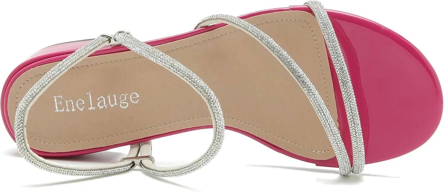 Enelauge Women's Rhinestone Strappy Open Toe Low Block Chunky Heels Sandals Backless Summer Holiday Party Wedding Dress Shoes