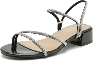 Enelauge Women's Rhinestone Strappy Open Toe Low Block Chunky Heels Sandals Backless Summer Holiday Party Wedding Dress Shoes