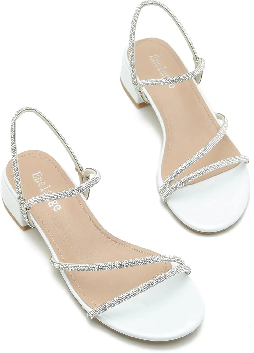 Enelauge Women's Rhinestone Strappy Open Toe Low Block Chunky Heels Sandals Backless Summer Holiday Party Wedding Dress Shoes