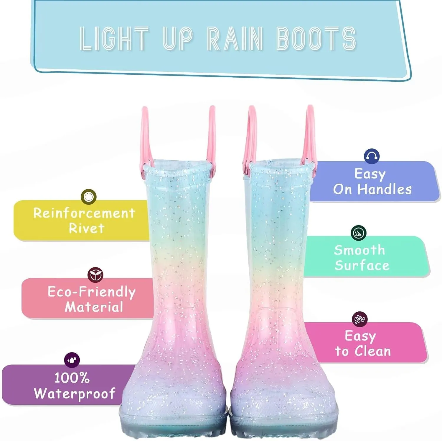 EUXTERPA Toddler Kids Glitter Light Up Waterproof Rain Boots for Girls Sparkle Rainbow Rain Shoes with Easy On Handles
