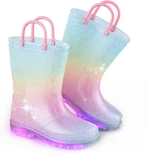 EUXTERPA Toddler Kids Glitter Light Up Waterproof Rain Boots for Girls Sparkle Rainbow Rain Shoes with Easy On Handles