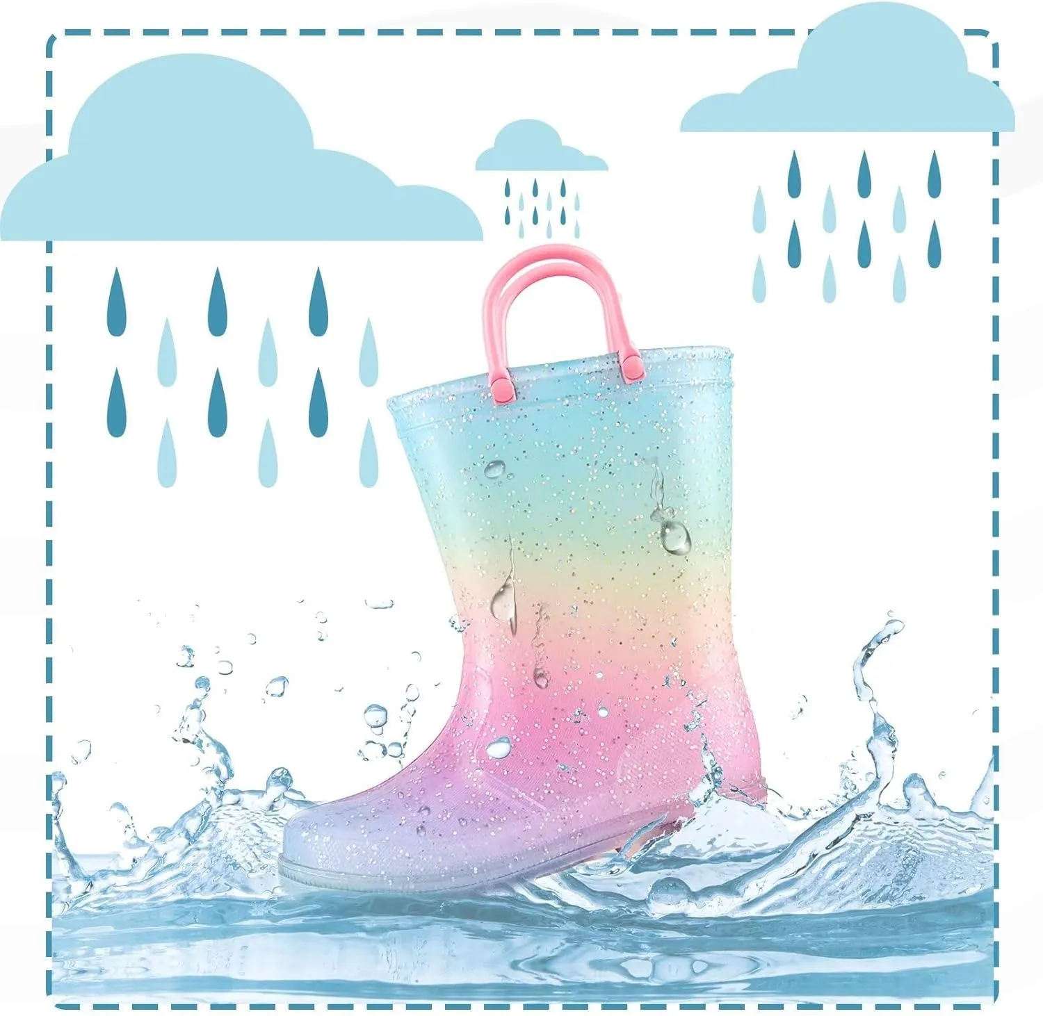 EUXTERPA Toddler Kids Glitter Light Up Waterproof Rain Boots for Girls Sparkle Rainbow Rain Shoes with Easy On Handles