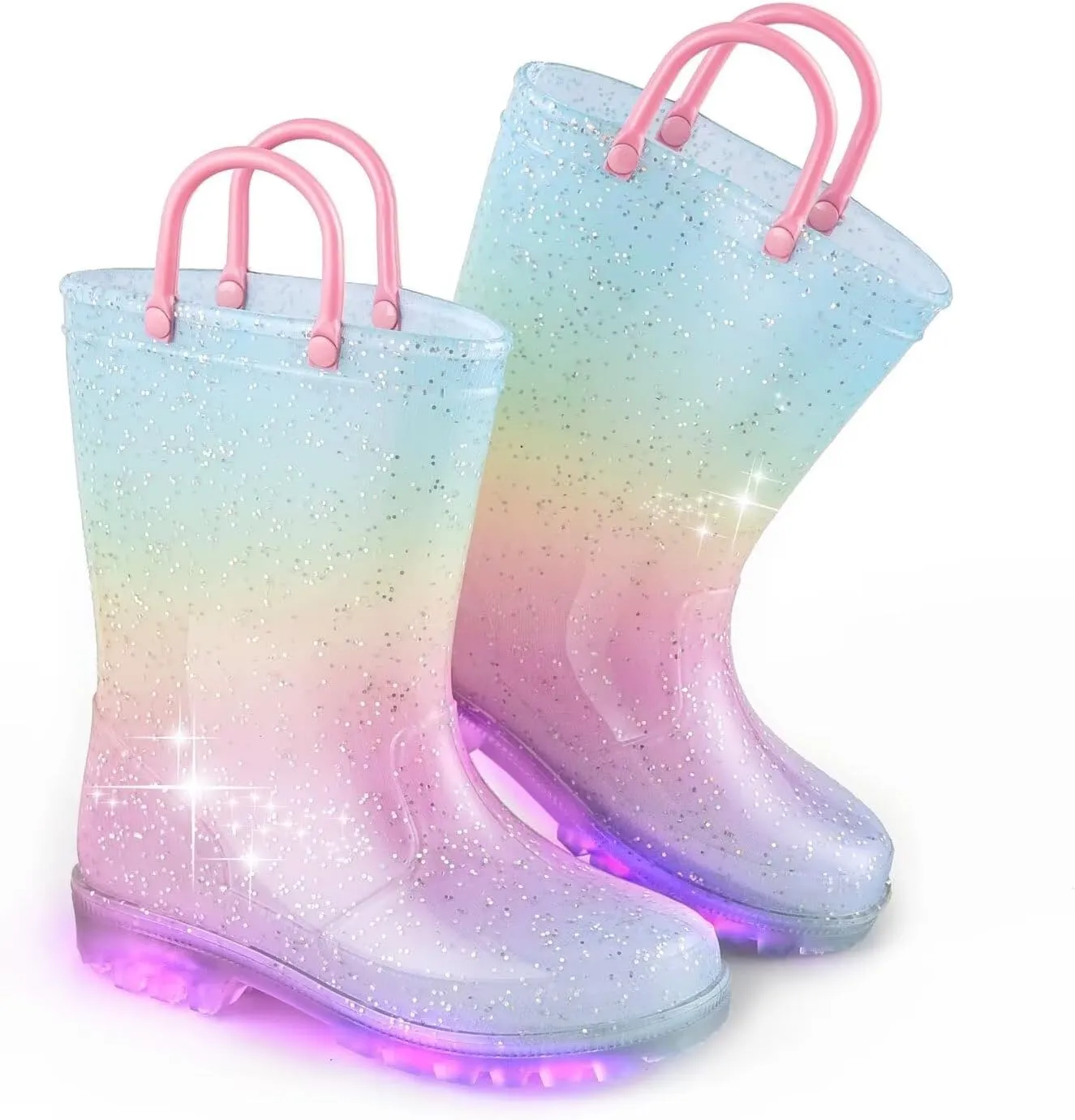 EUXTERPA Toddler Kids Glitter Light Up Waterproof Rain Boots for Girls Sparkle Rainbow Rain Shoes with Easy On Handles