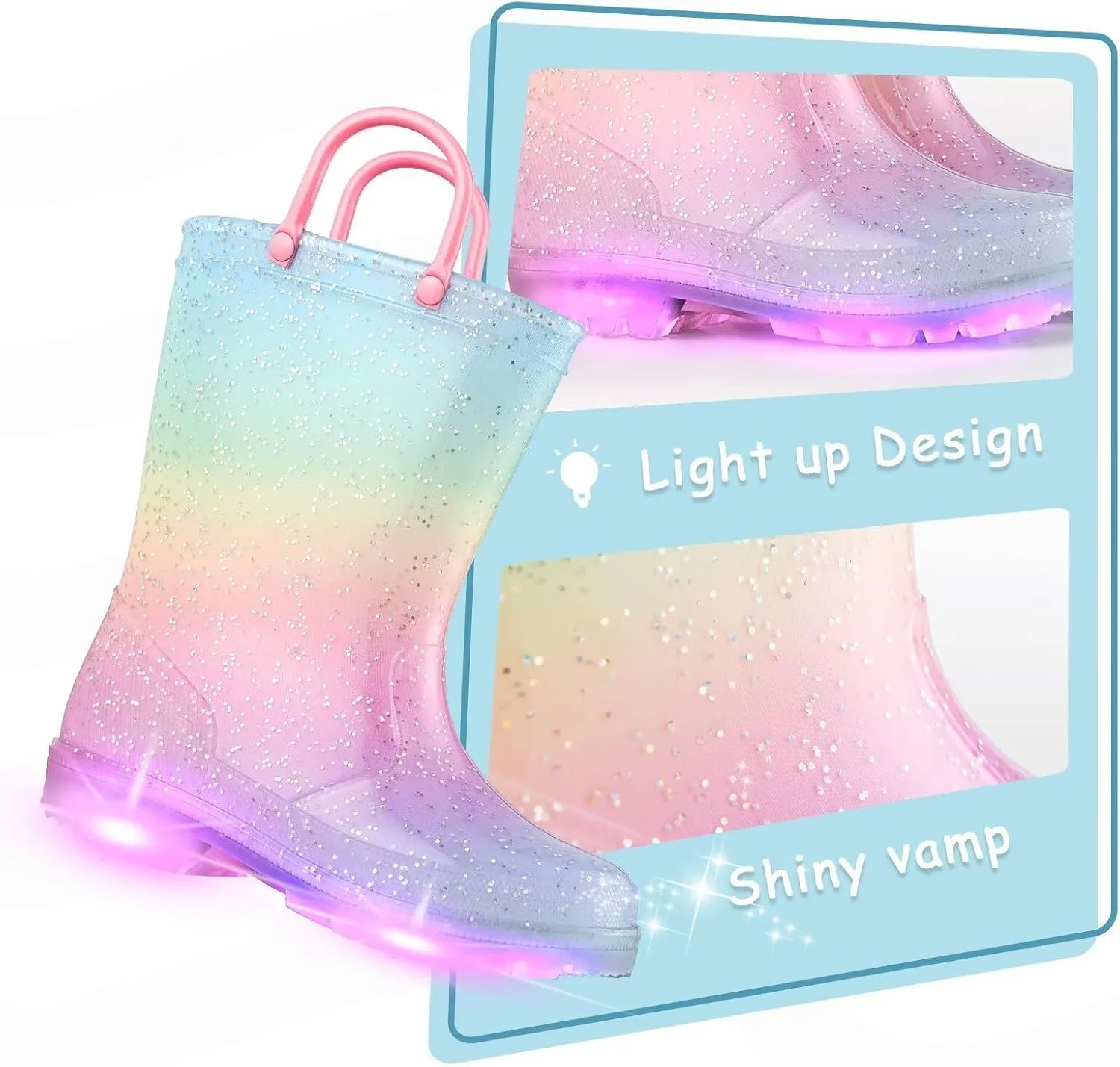 EUXTERPA Toddler Kids Glitter Light Up Waterproof Rain Boots for Girls Sparkle Rainbow Rain Shoes with Easy On Handles