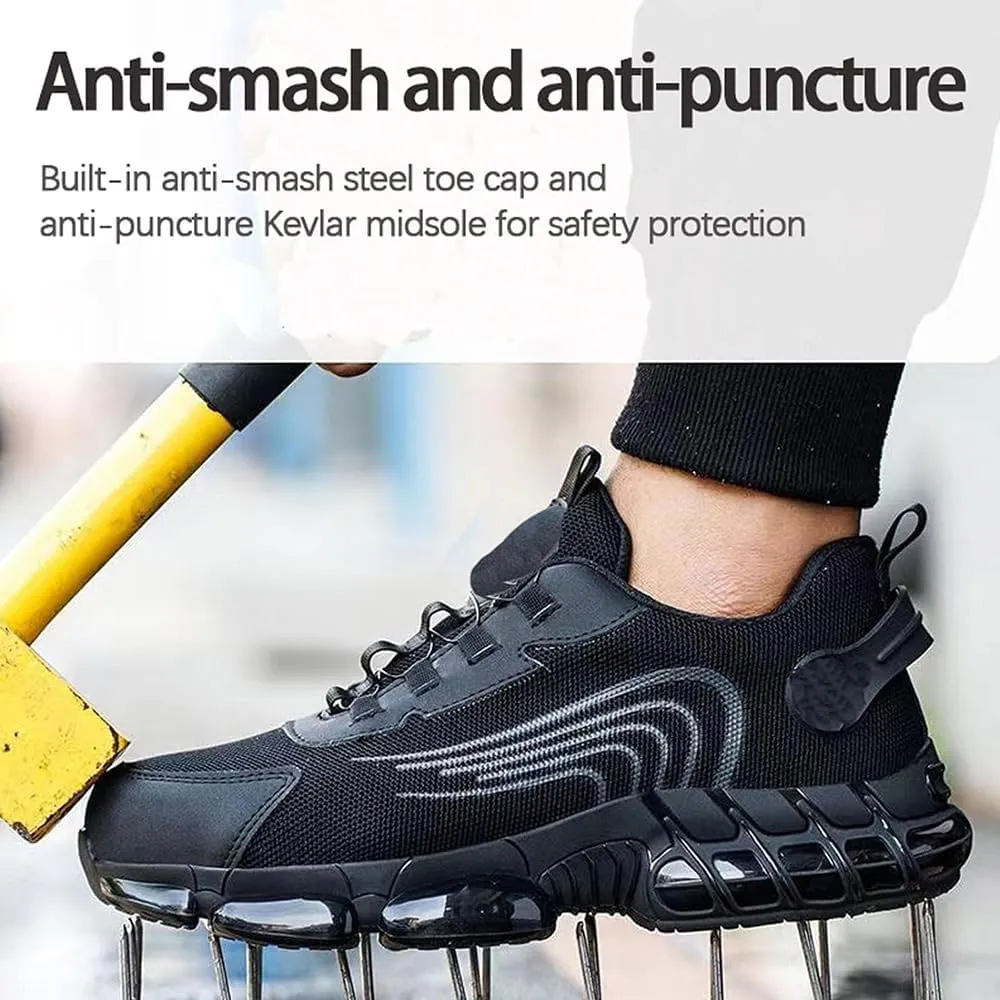 Evontura Steel Toe Shoes Power Trainers, Men's Steel Toe Safety Work Shoes, Comfortable Lightweight Puncture Proof Slip on Indestructible Sneakers, Smash Stab Resistant Air Cushion Shoes (Black,11)