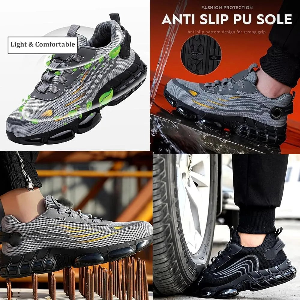 Evontura Steel Toe Shoes Power Trainers, Men's Steel Toe Safety Work Shoes, Comfortable Lightweight Puncture Proof Slip on Indestructible Sneakers, Smash Stab Resistant Air Cushion Shoes (Black,11)